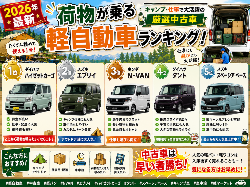 【2026年最新】荷物が乗る軽自動車ランキング！キャンプ・仕事で大活躍の厳選中古車のアイキャッチ画像