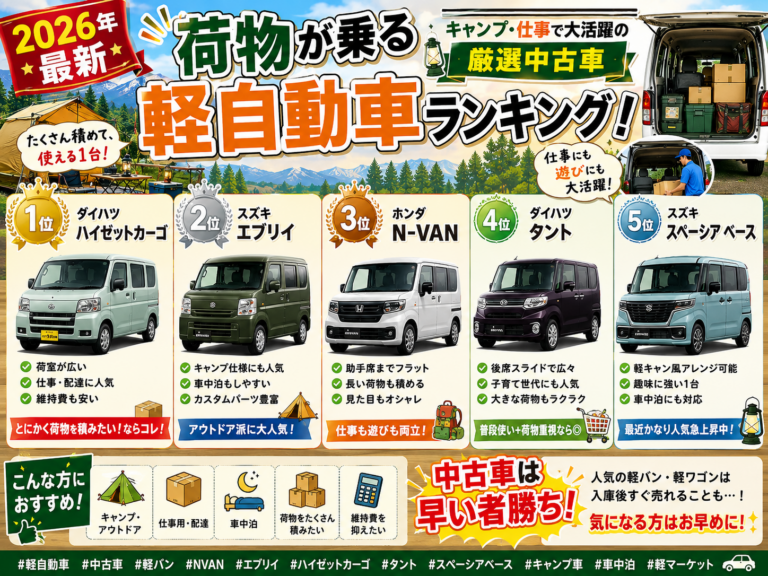 【2026年最新】荷物が乗る軽自動車ランキング！キャンプ・仕事で大活躍の厳選中古車のアイキャッチ画像