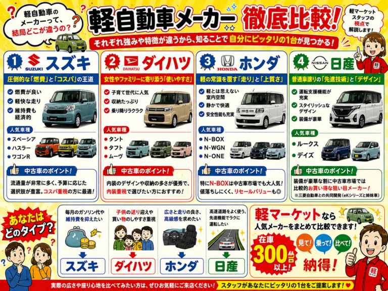 【軽自動車比較】スズキ・ダイハツ・ホンダ・日産の違いをプロが徹底解説！のアイキャッチ画像