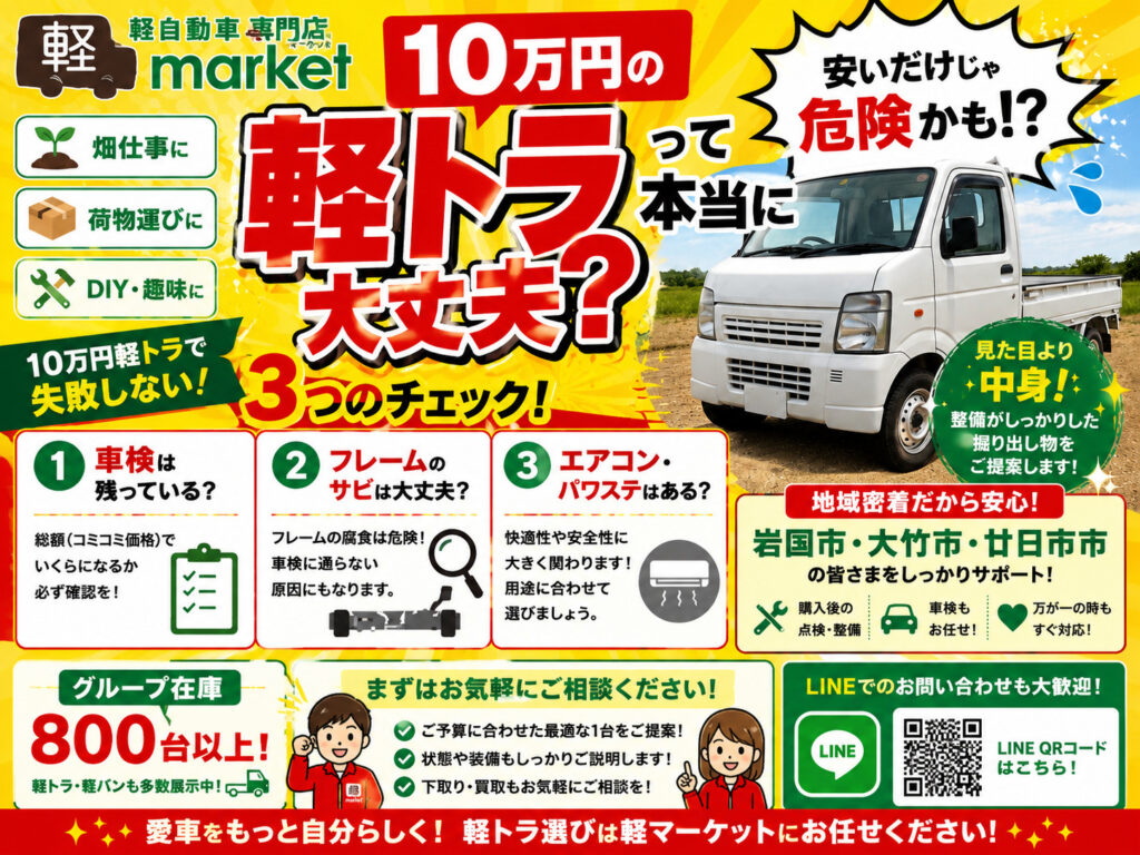 【格安】10万円の中古軽トラって実際どう？プロが教える失敗しない選び方と地域密着のメリットのアイキャッチ画像