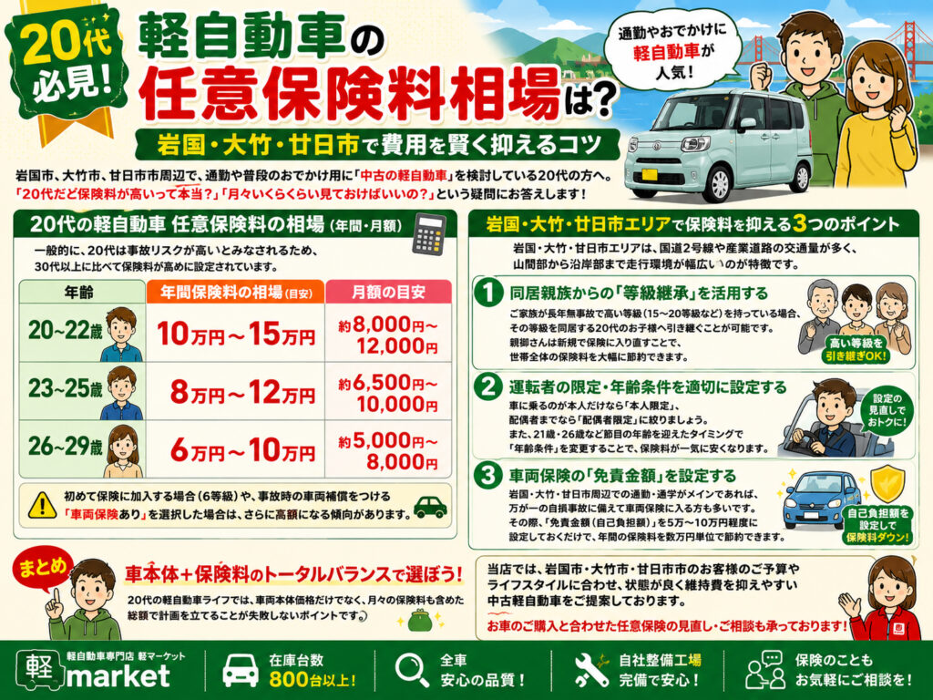 【20代必見】軽自動車の任意保険料相場は？岩国・大竹・廿日市で費用を賢く抑えるコツのアイキャッチ画像